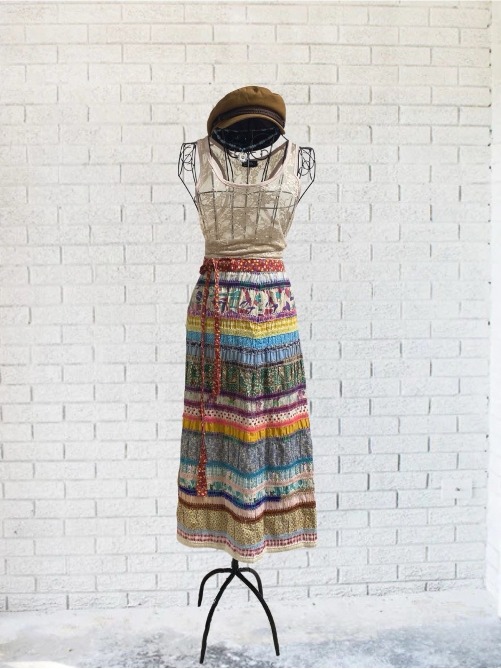 Quilt Patch Patchwork Skirt Maxi 1960's Vintage Bow Rainbow Small 60's Retro
